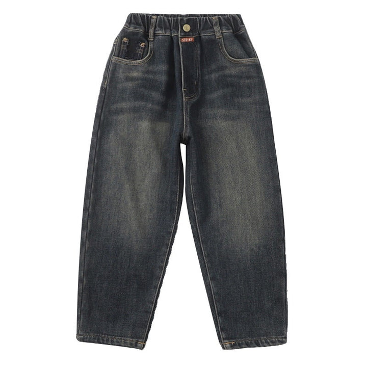 Pantaloni jeans baggy da uomo in denim, con vestibilità morbida, vita elasticizzata e tasche plaid per stile casual.