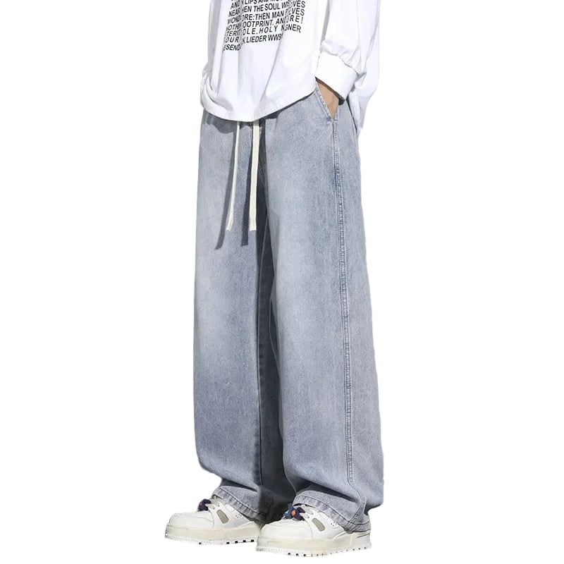 Jeans larghi da uomo a gamba dritta con vita regolabile, perfetti per look casual e streetwear.