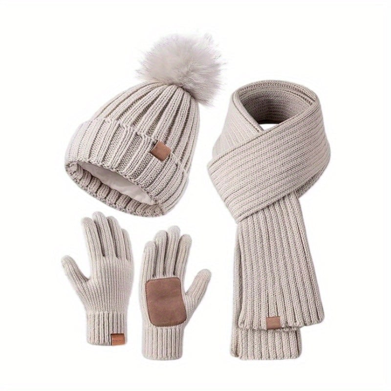 Set invernale uomo completo: cappello, sciarpa e guanti touchscreen beige. Caldo, confortevole e alla moda.