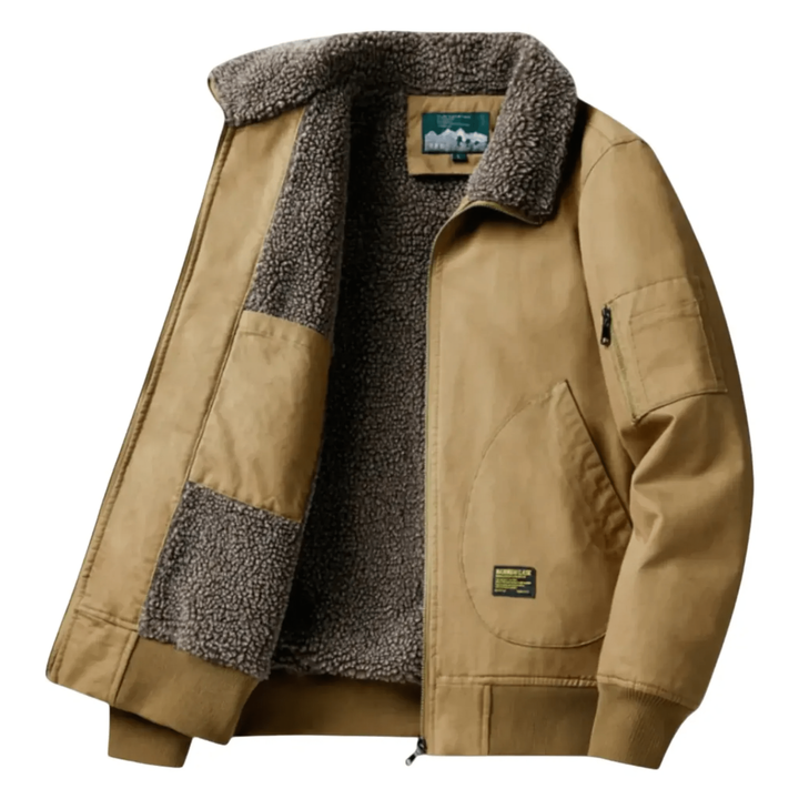 Dettaglio giacca bomber uomo avio. Tessuto caldo e resistente, ideale per l'inverno. Moda maschile versatile.