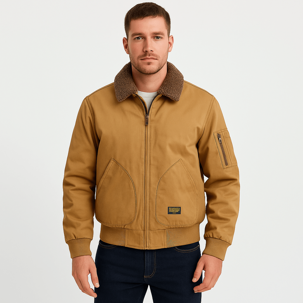 Uomo indossa giacca bomber avio. Stile casual autunnale/invernale, perfetta per comfort e moda maschile. Capo versatile.