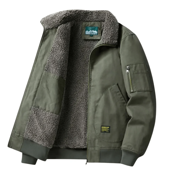 Texture del tessuto giacca bomber uomo avio. Capo caldo e avvolgente, ideale per outerwear maschile e comfort invernale.