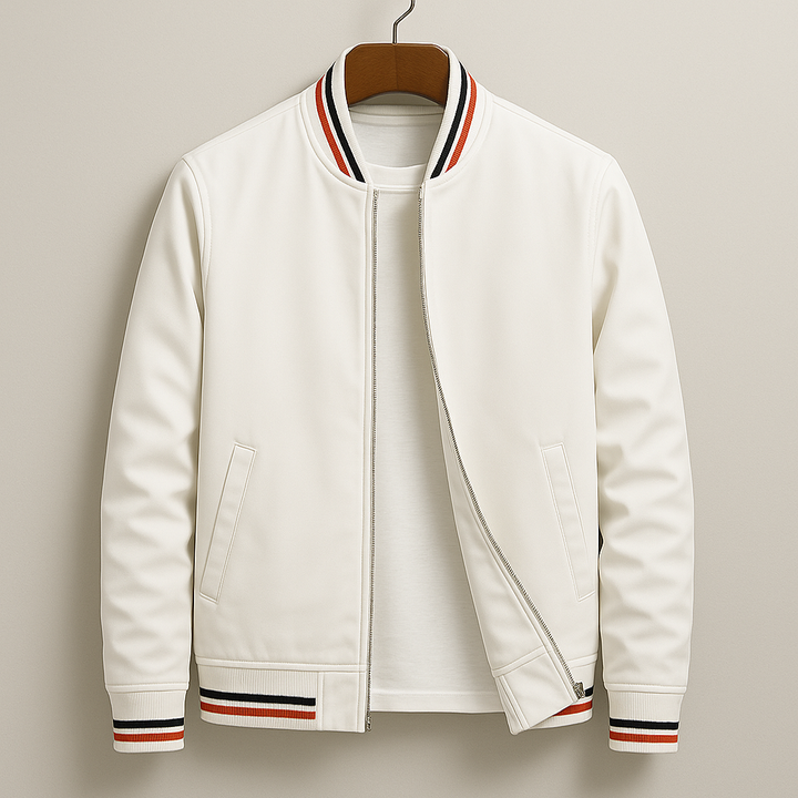 Giacca bomber uomo con zip integrale e dettagli a costine, perfetta per un look casual e versatile.