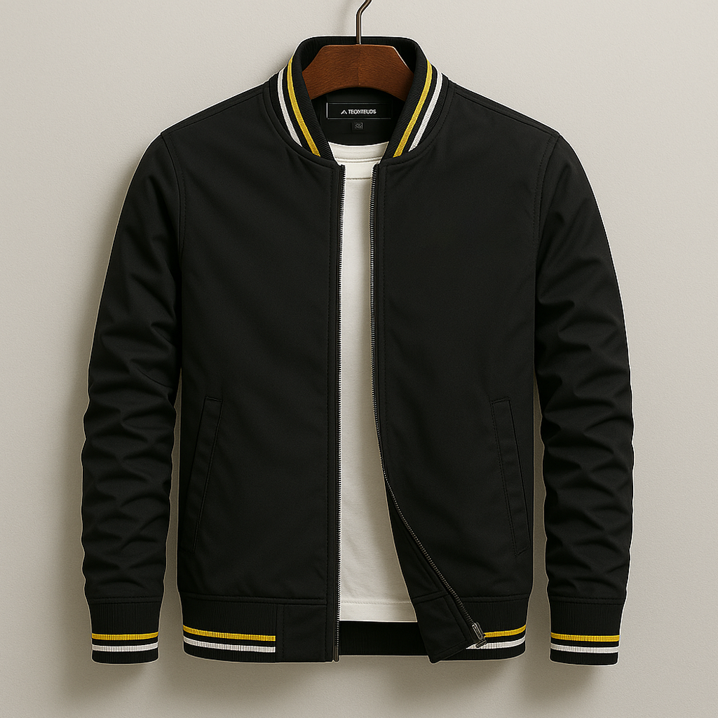 Uomo che indossa una giacca bomber leggera con zip, perfetta per un look casual-chic primaverile.