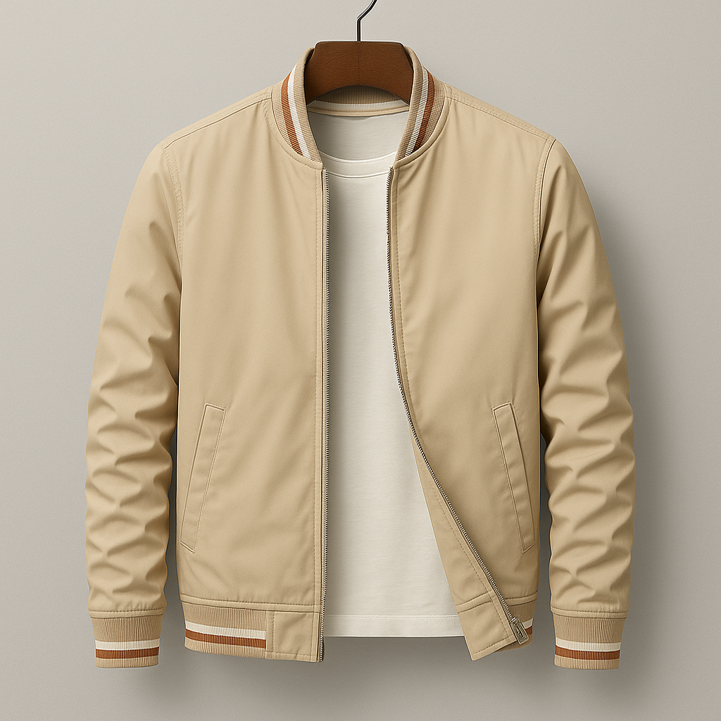 Primo piano di giacca bomber uomo: zip integrale, polsini e orlo a costine. Stile casual e moderno.