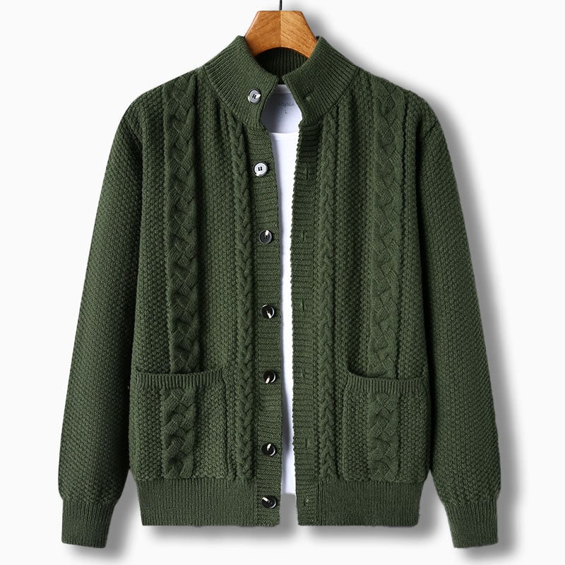 Cardigan uomo maglione a treccia con collo alto e tasche, perfetto per l'autunno inverno.
