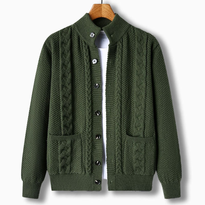 Cardigan uomo maglione a treccia con collo alto e tasche, perfetto per l'autunno inverno.