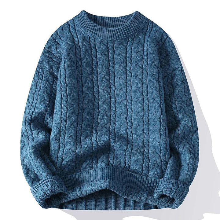 Elegante pullover uomo in maglia a treccia grossa con dettagli a costine, per un tocco di stile invernale.