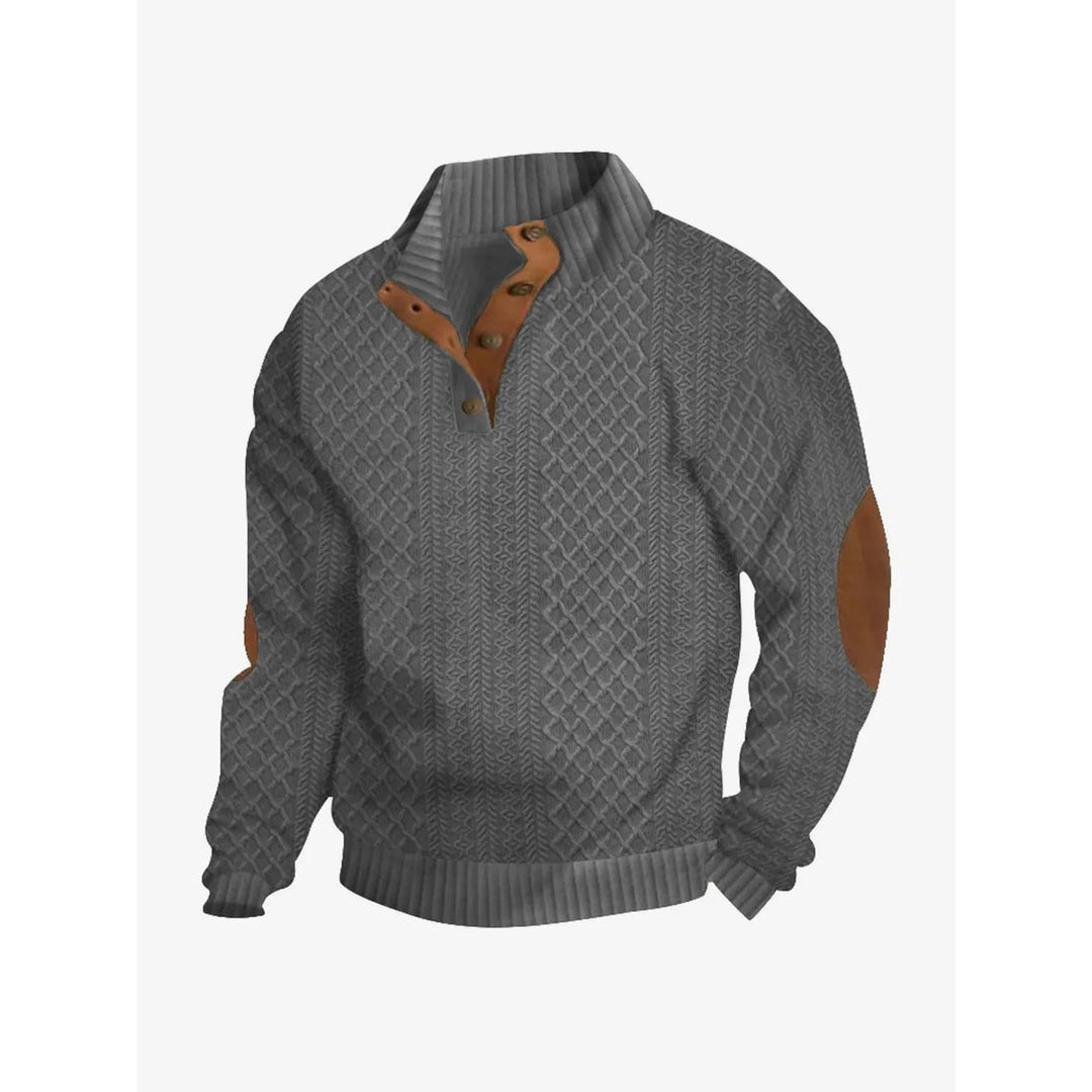 Maglione da uomo classico con lavorazione a treccia, bottoni al collo e toppe sui gomiti.