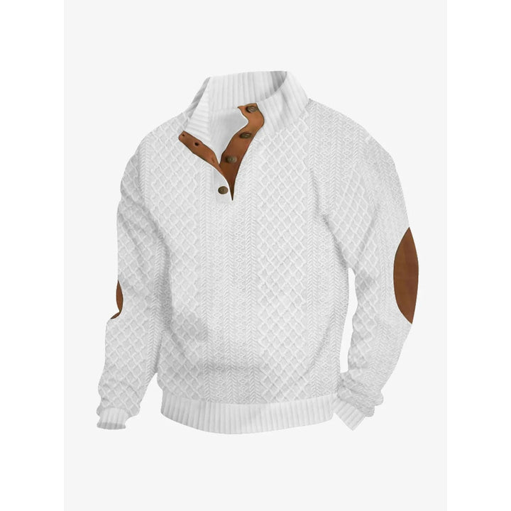 Maglione casual uomo con collo a bottoni, texture a treccia e gomitiere.
