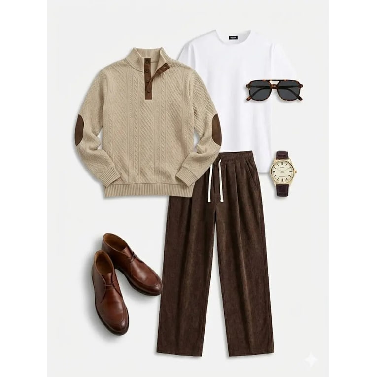 Maglione uomo elegante con treccia, bottoni sul colletto e toppe sui gomiti.
