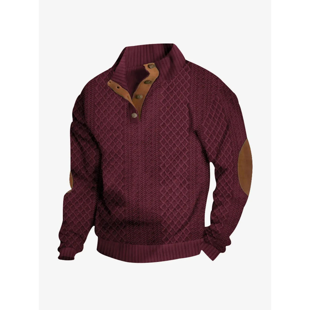 Maglieria uomo: maglione invernale con dettaglio a treccia, bottoni e gomitiere.