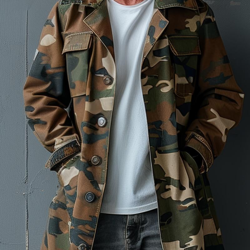 Trench uomo mimetico, un capo esterno versatile e alla moda con tasche cargo, per look autunno/inverno.