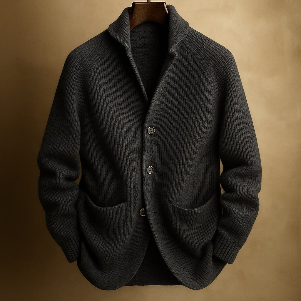 Cardigan uomo a collo a scialle, maglione morbido con tasche, essenziale per la primavera.