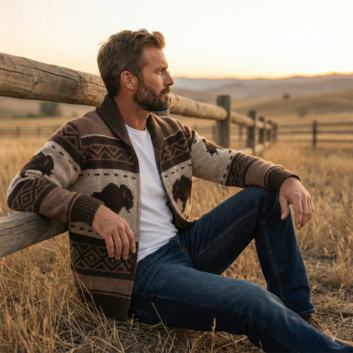 Cardigan uomo casual marrone, collo a scialle, zip. Design bisonte jacquard, stile outdoor.