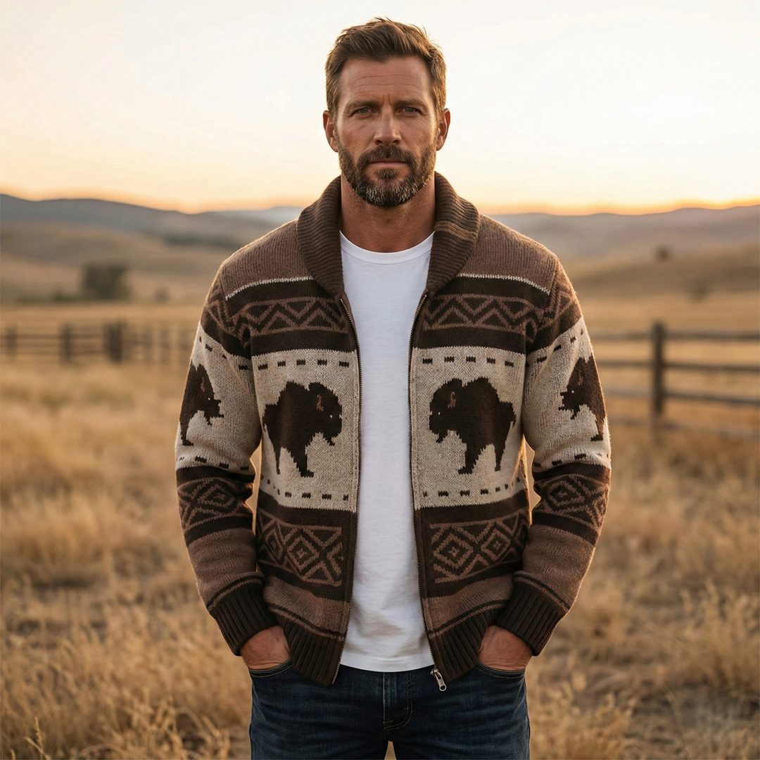 Cardigan uomo marrone/beige, collo a scialle, zip. Motivo bisonte jacquard. Abbigliamento invernale.