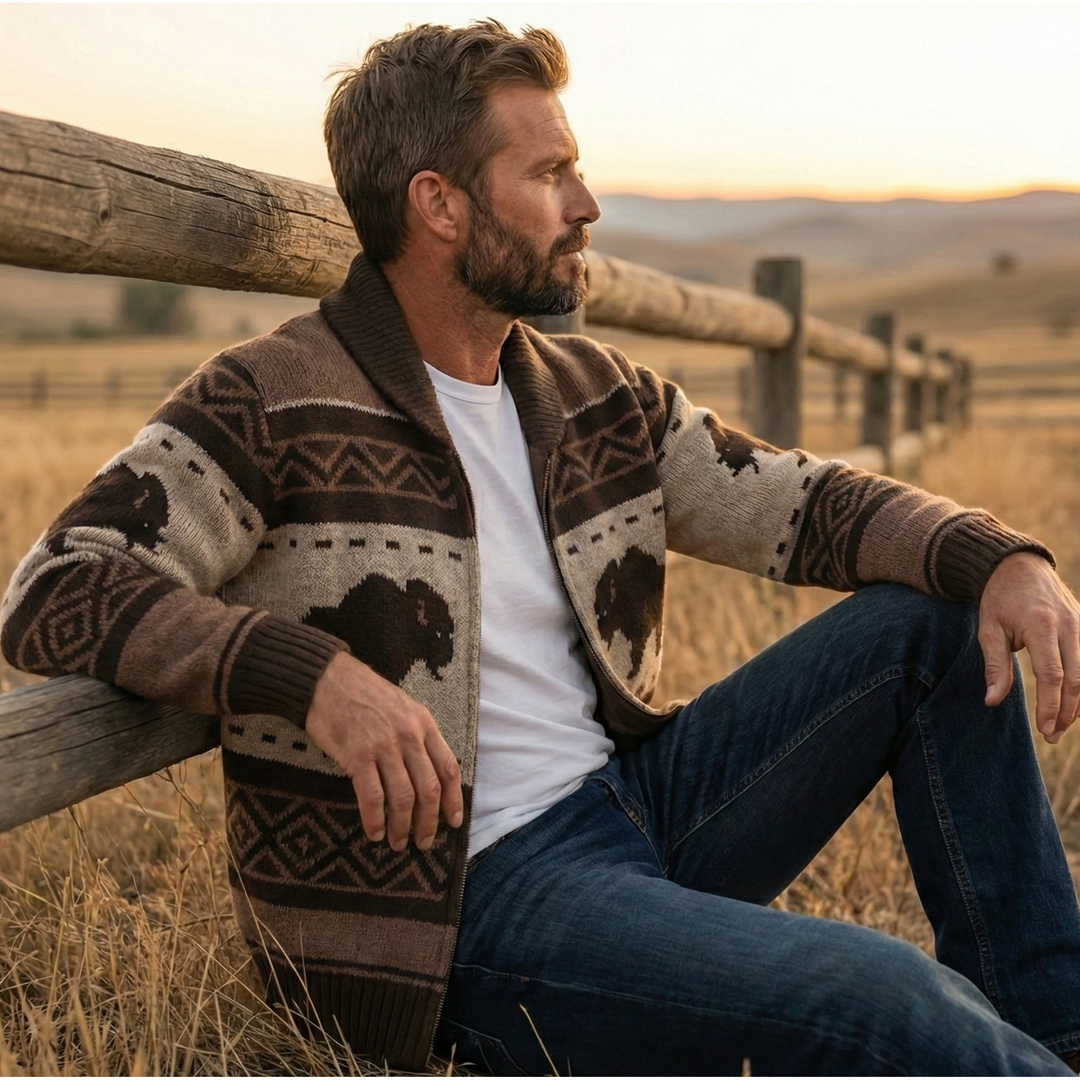 Maglione cardigan uomo caldo, collo a scialle, zip. Design bisonte jacquard marrone.