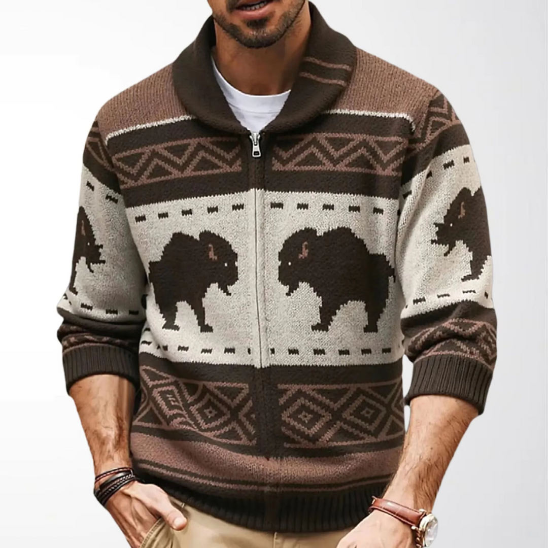 Cardigan uomo jacquard, distintivo motivo bisonte, collo a scialle, zip. Stile autunnale.