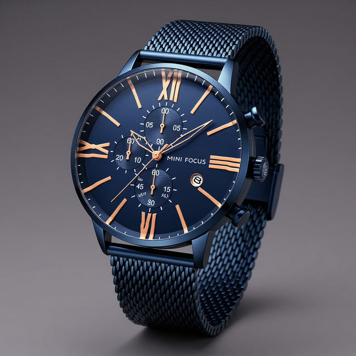 Orologio cronografo uomo di lusso con bracciale in maglia milanese acciaio e distintivi numeri romani. Eleganza maschile.