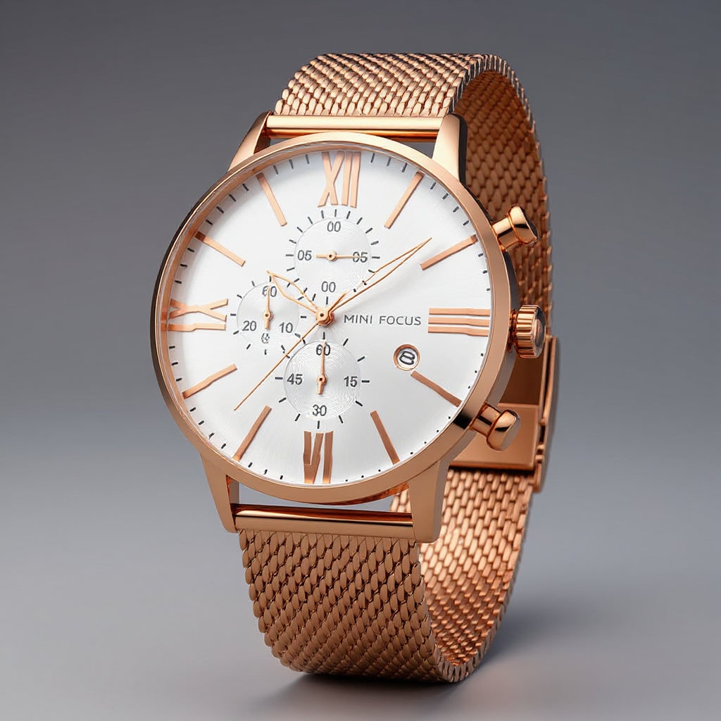 Bracciale in maglia milanese acciaio lucido di un orologio cronografo uomo, un tocco di lusso ed eleganza per polso maschile.