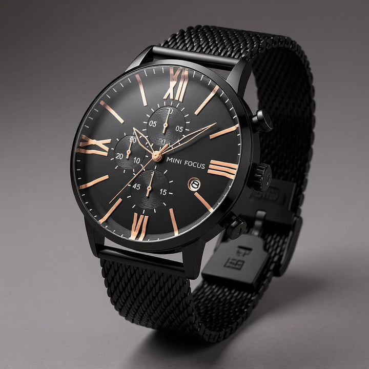 Orologio cronografo uomo acciaio milanese, quadrante con numeri romani. Accessorio maschile di lusso, versatile e professionale.