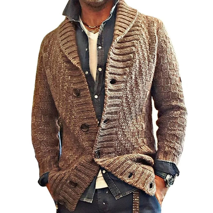 Cardigan uomo elegante collo a scialle, bottoni, vestibilità rilassata. Perfetto per moda autunnale e invernale.