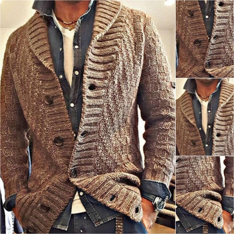 Cardigan uomo: collo a scialle, bottoni. Look casual-chic, ideale per l'autunno.