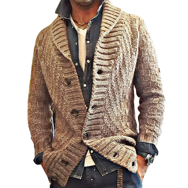 Maglione cardigan da uomo con bottoni e collo a scialle. Comfort e stile per le stagioni più fredde.