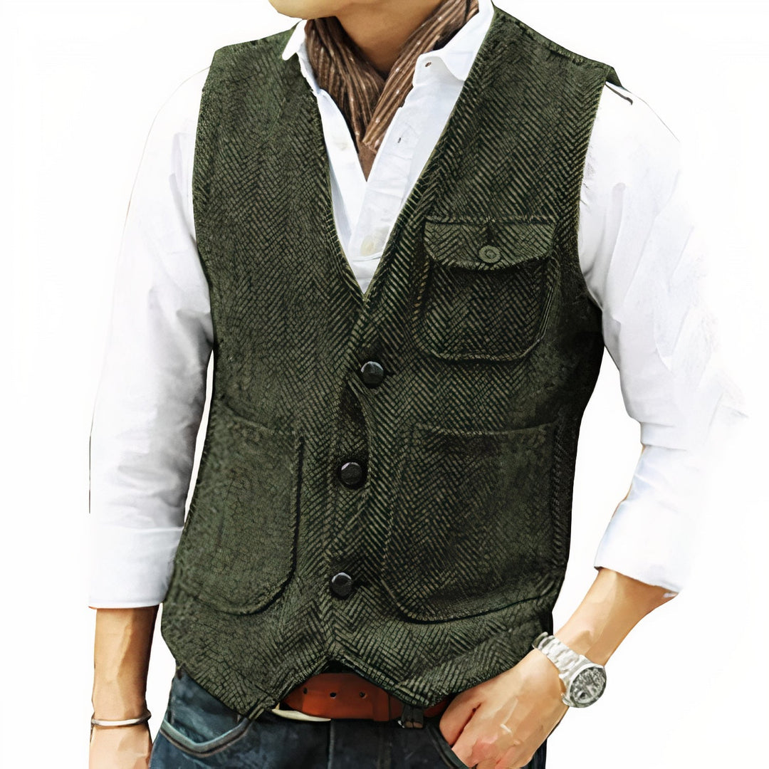 Gilet uomo versatile senza maniche, ideale per stile elegante o casual chic. Essenziale per abbigliamento maschile.
