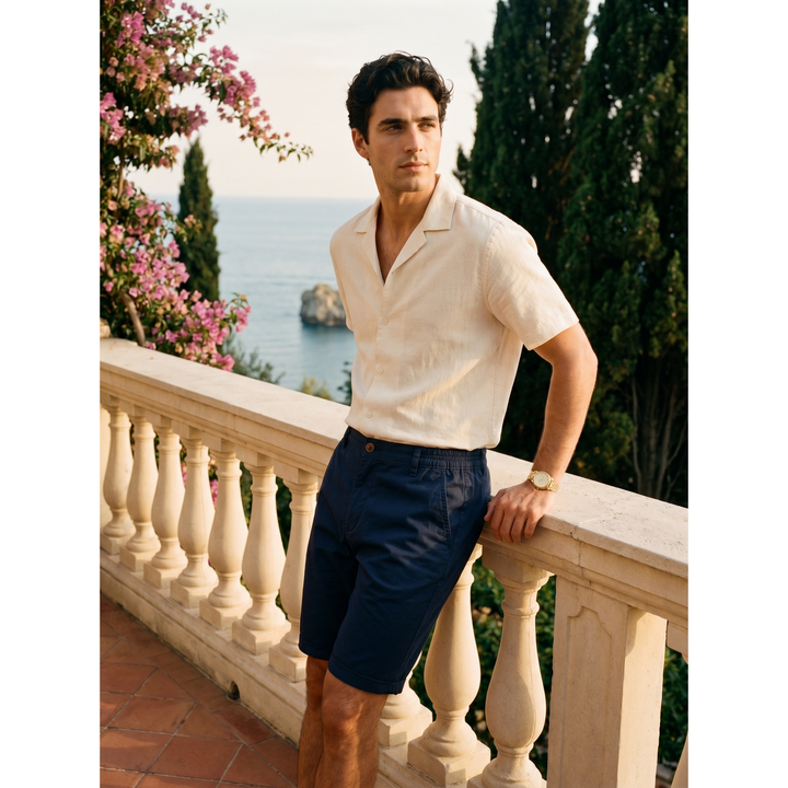 Pantaloncini chino da uomo, taglio sopra il ginocchio, vestibilità casual e vita elastica per l'estate.