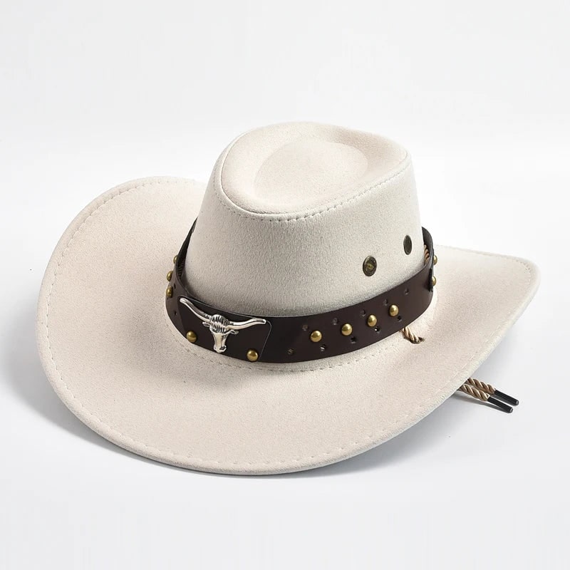 Cappello da uomo in finta pelle scamosciata, design western classico, tesa larga e fascia con borchie.