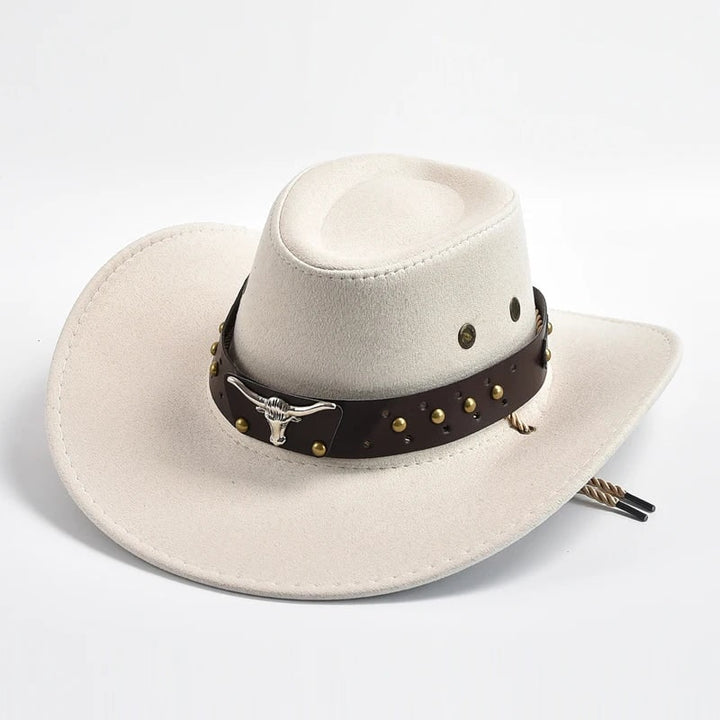 Cappello da uomo in finta pelle scamosciata, design western classico, tesa larga e fascia con borchie.
