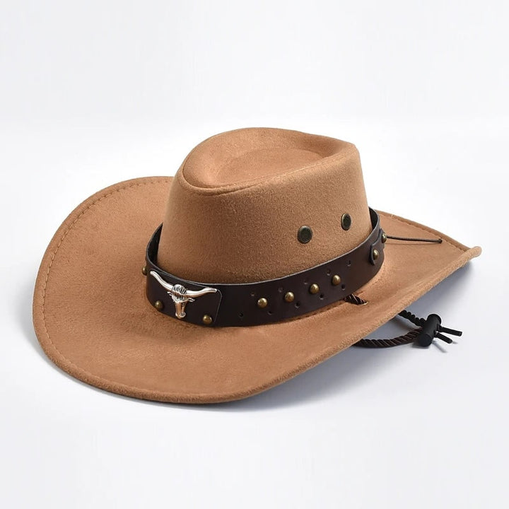 Cappello stile western per uomo in finta pelle scamosciata, con tesa larga e dettagli raffinati borchiati.