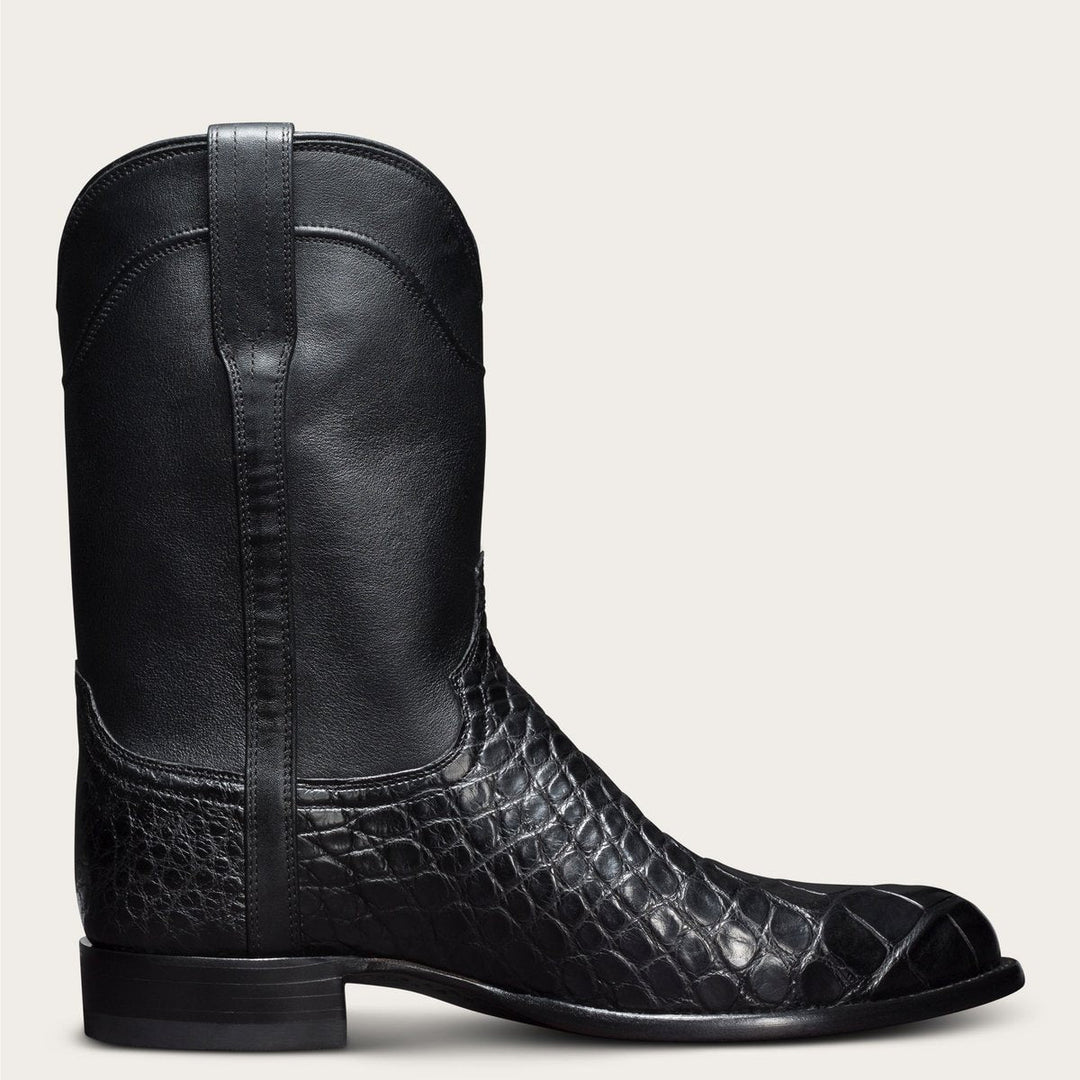 Stivali cowboy roper da uomo neri, punta tonda, effetto coccodrillo. Calzature uomo stile western per comfort autentico.