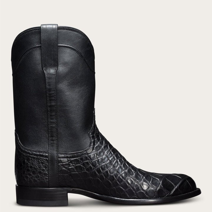 Stivali cowboy roper da uomo neri, punta tonda, effetto coccodrillo. Calzature uomo stile western per comfort autentico.