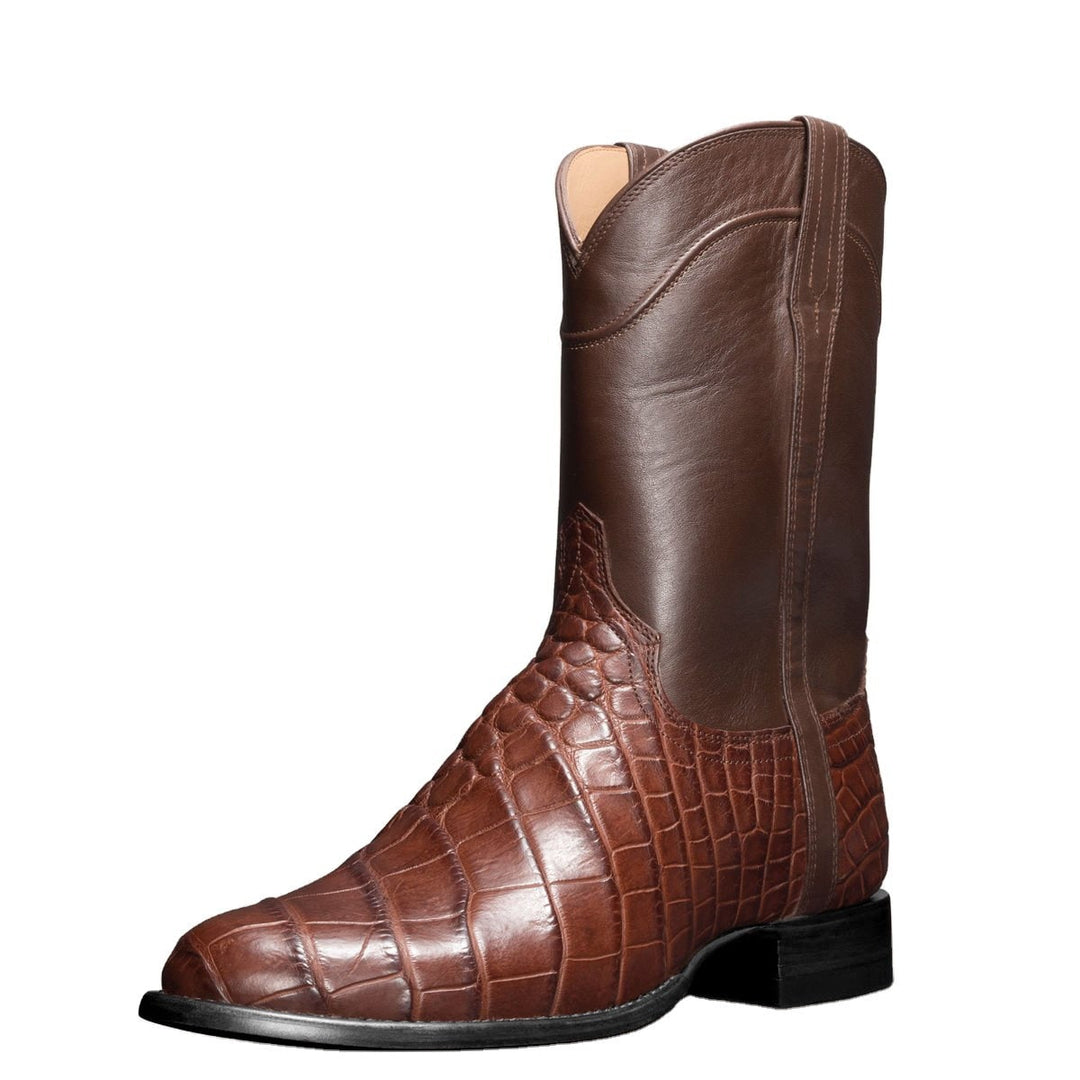 Chiusura laterale stivali cowboy marroni. Dettaglio roper, punta tonda. Perfetti per un autentico stile western.