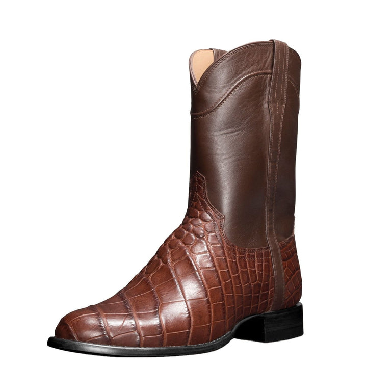 Chiusura laterale stivali cowboy marroni. Dettaglio roper, punta tonda. Perfetti per un autentico stile western.