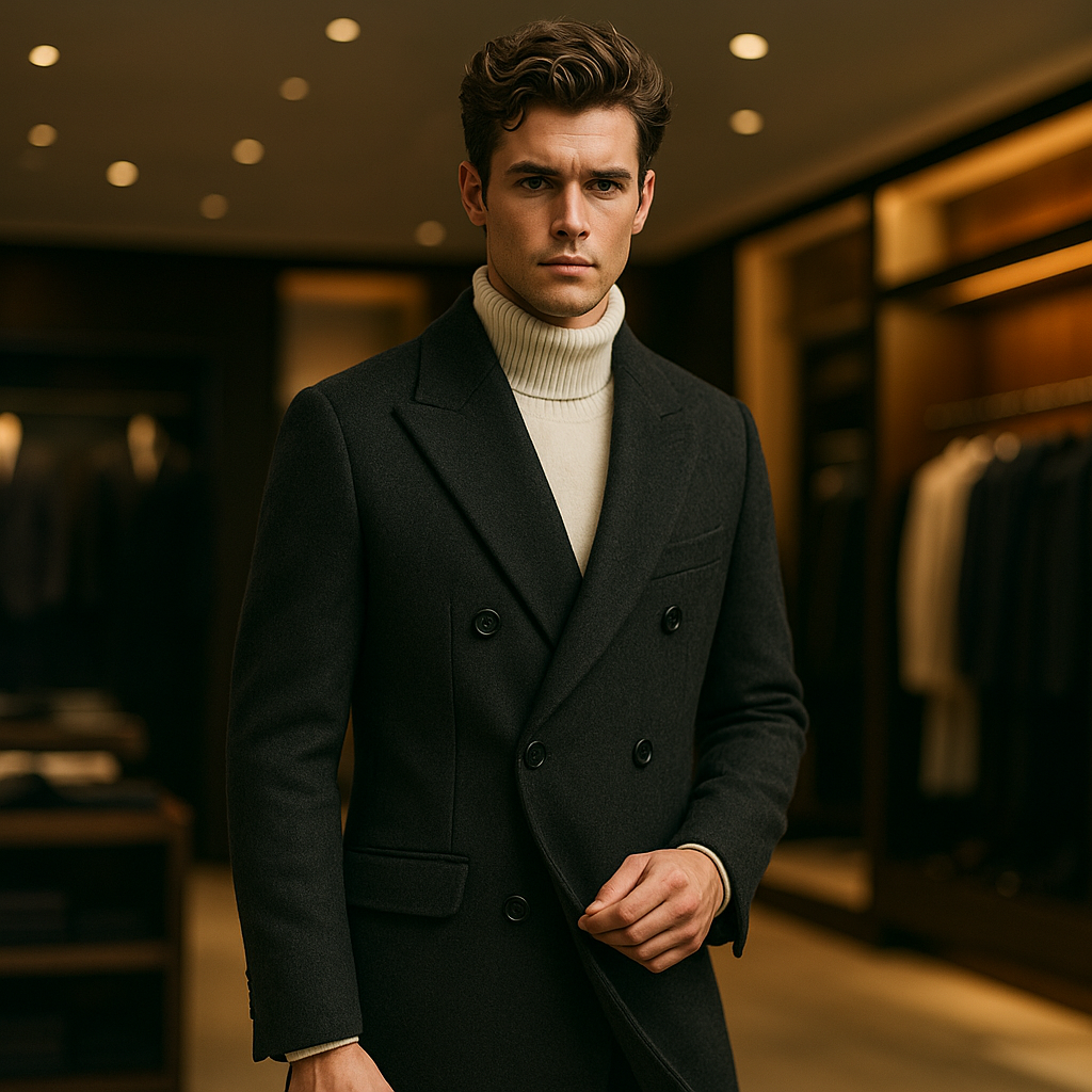 Elegante soprabito uomo doppiopetto, capo classico e senza tempo per la moda uomo autunnale-invernale.