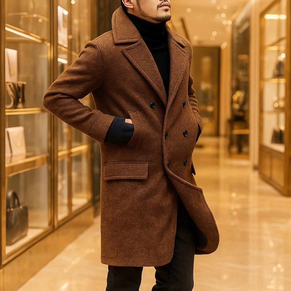 Cappotto uomo doppiopetto elegante con rever a punta e tasche a filetto. Ideale per stile classico invernale e formale.