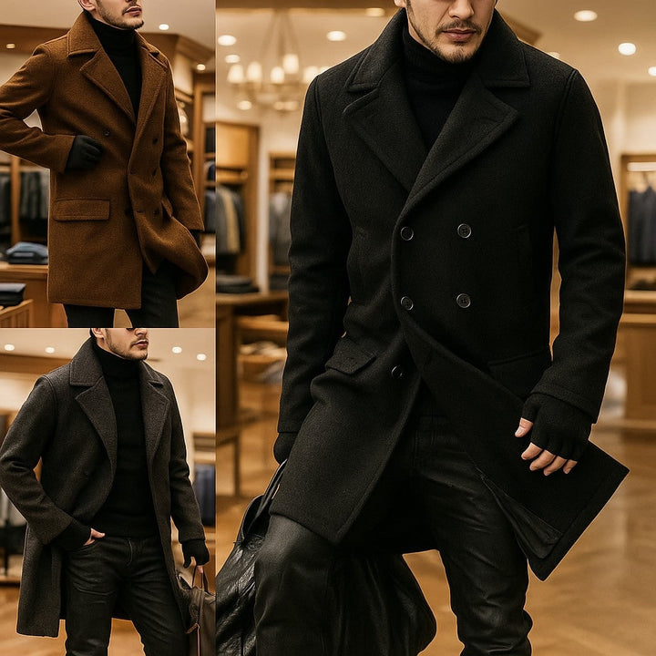Moda uomo: cappotto doppiopetto con rever a punta e tasche a filetto. Stile classico elegante per l'uomo moderno.