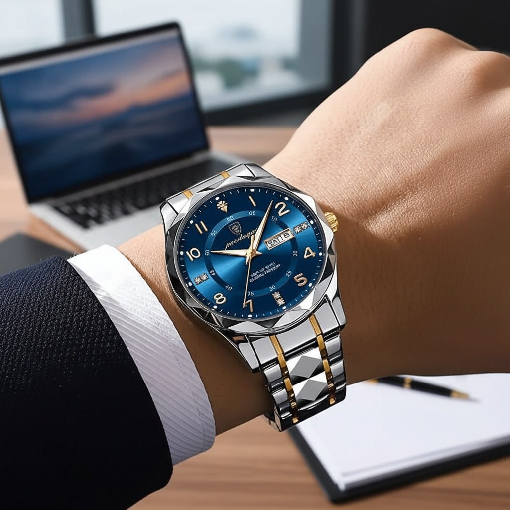 Orologio uomo elegante bicolore con bracciale raffinato, movimento al quarzo analogico.