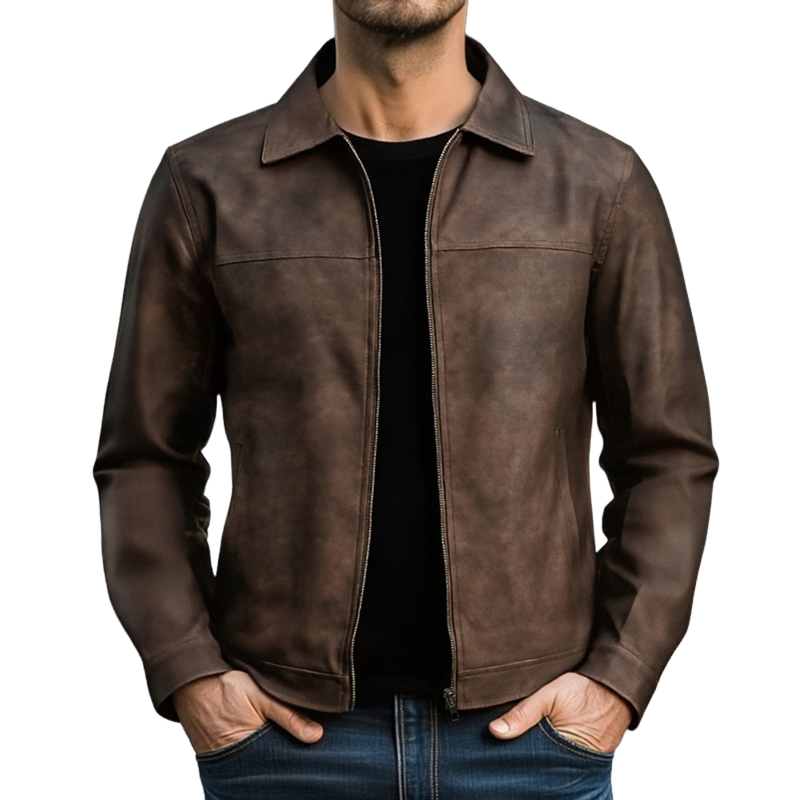 Giacca da biker uomo slim fit nera con cerniera e collo aperto, perfetta per look casual ed eleganti.