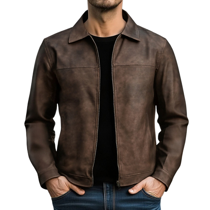 Giacca da biker uomo slim fit nera con cerniera e collo aperto, perfetta per look casual ed eleganti.