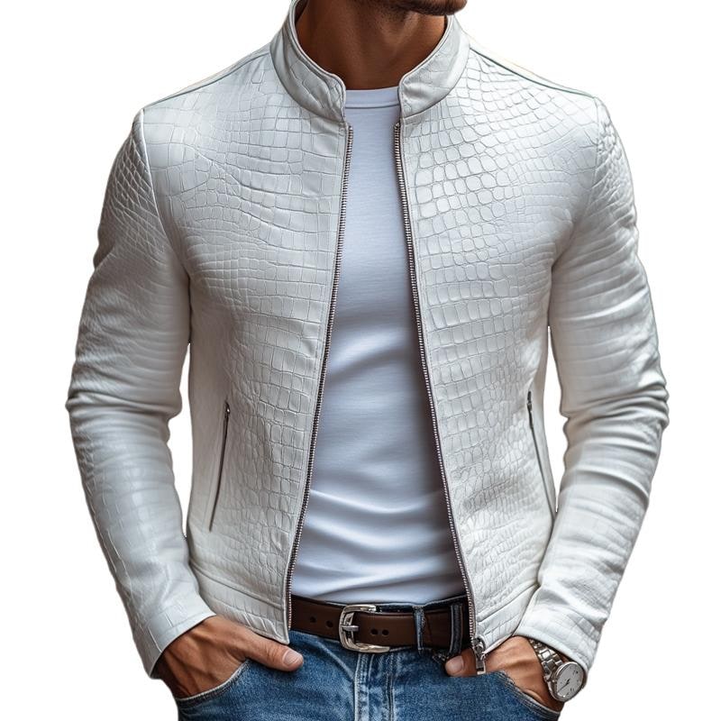 Giacca uomo nera con texture effetto coccodrillo, collo alto e cerniera. Stile contemporaneo.