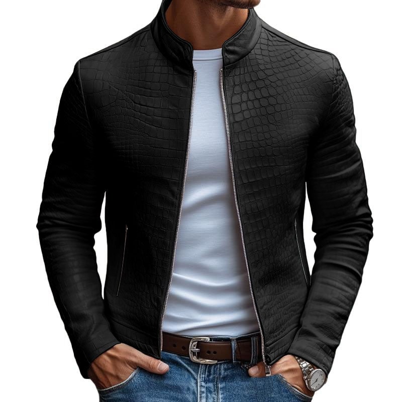 Giacca slim fit uomo, design moderno, collo alto e audace texture effetto coccodrillo.
