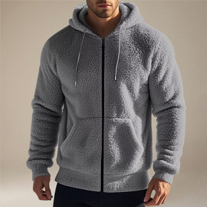 Giacca felpa uomo con cappuccio e cerniera, stile casual e sportivo.