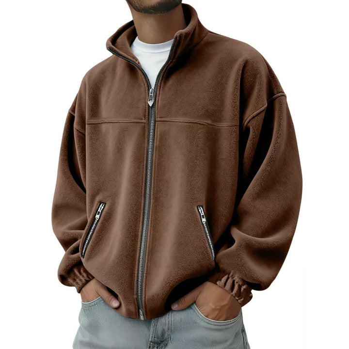 Strato esterno: giacca uomo in pile full zip e collo alto. Ideale per abbigliamento casual autunnale.