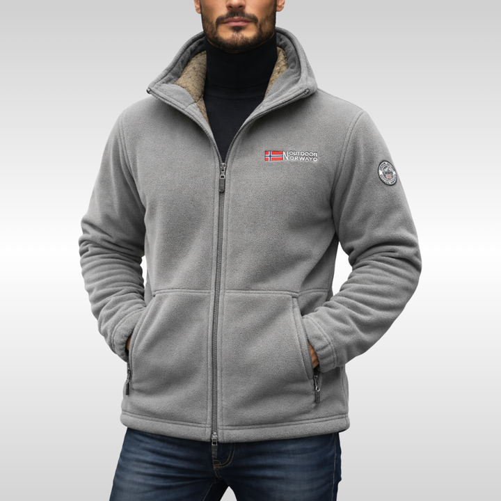 Giacca uomo moderna con cappuccio, cerniera integrale, calda e confortevole per l'abbigliamento casual.