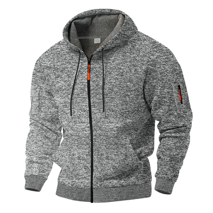 Felpa sportiva da uomo con cappuccio regolabile e zip frontale, ideale per abbigliamento casual autunnale.