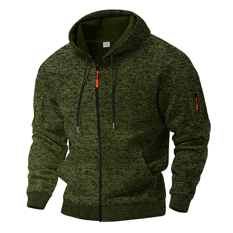 Felpa da uomo con zip e cappuccio, design moderno e tasca a marsupio, ideale per look casual e sportivi.